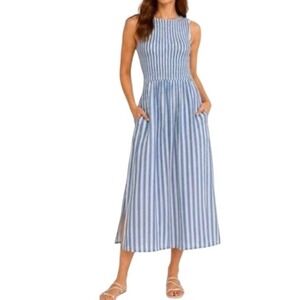 Caroline Constas Blue White Striped Smocked Sleeveless Midi Dress Womens Small